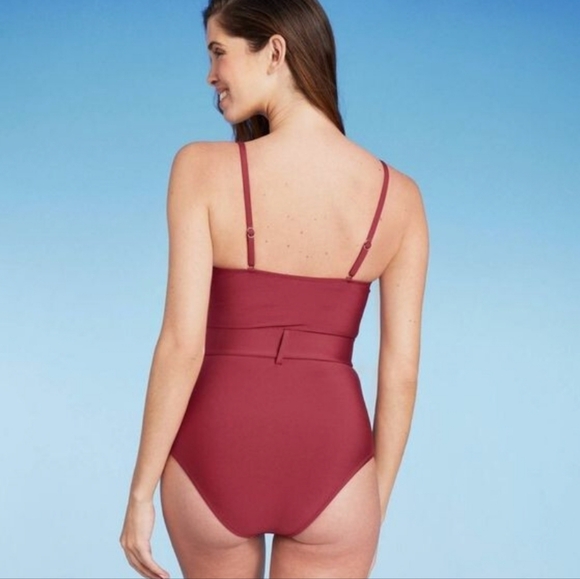 Shade And Shore Swimsuit Size Large 12-14 Belted Burgundy One Piece NWT - Picture 2 of 11